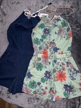 Sunchild Floral Mint & Navy Halter Rompers